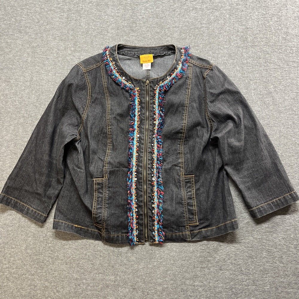 Ruby Rd Denim Jean Jacket Womens 16 Zip Fairy Fringe Western Stretch Beaded Zip